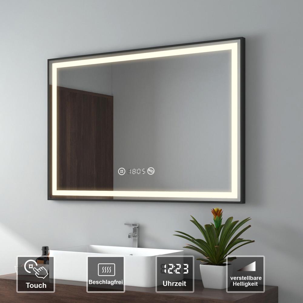 EMKE Badspiegel mit Beleuchtung 80x60cm Badspiegel Schwarzer Rand LED Badezimmerspiegel mit Touch, Antibeschlage, Uhr, Temperatur, Dimmbar, Memory-Funktion, Neutrale Beleuchtung Wandspiegel IP44 Bild 1