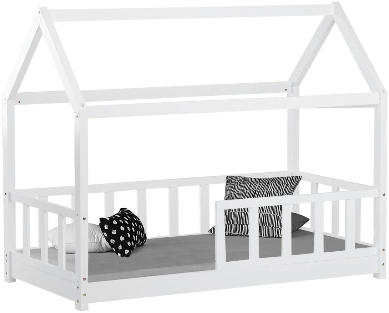 Kinderbett Hausbett mit Rausfallschutz 80x160 cm Bodenbett Montessori Bett Bettenhaus Lattenrost Weiß Bild 1