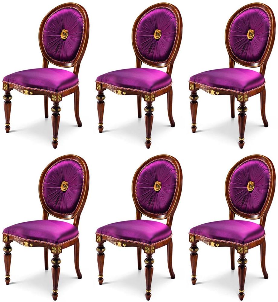 Casa Padrino Luxus Barock Esszimmer Stuhl Set Lila / Braun / Gold - Handgefertigtes Küchen Stühle 6er Set - Luxus Esszimmer Möbel im Barockstil - Barock Möbel - Luxus Qualität - Made in Italy Bild 1