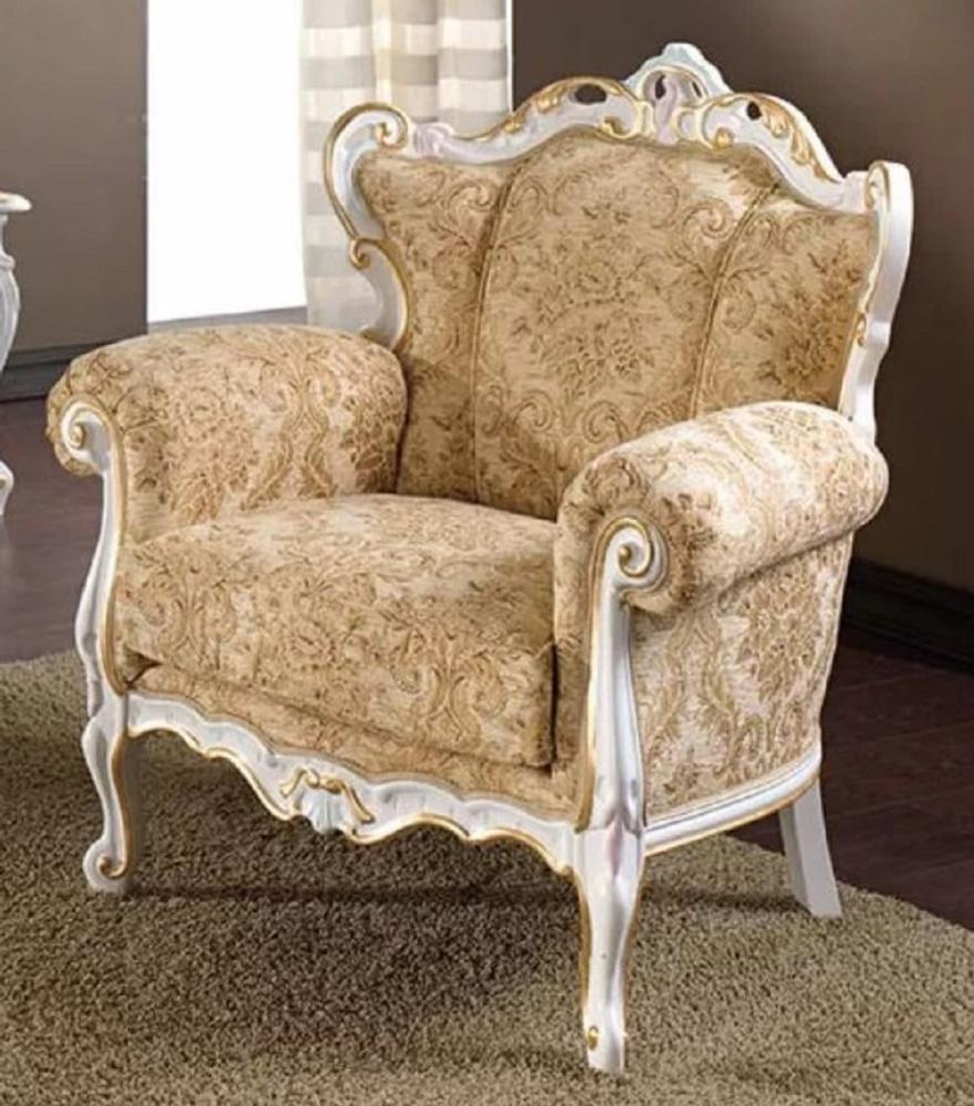 Casa Padrino Luxus Barock Sessel Beige / Weiß / Gold - Edler Wohnzimmer Sessel mit elegantem Muster - Barock Möbel - Luxus Qualität - Made in Italy Bild 1