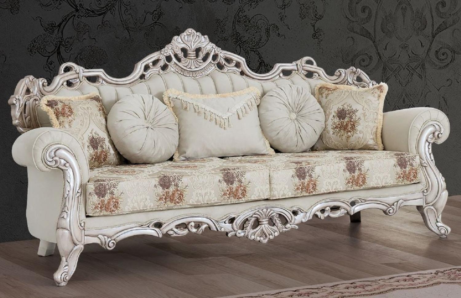 Casa Padrino Luxus Barock Sofa Cremefarben / Beige / Mehrfarbig / Antik Weiß - Prunkvolles Wohnzimmer Sofa mit elegantem Muster - Barock Wohnzimmer Möbel Bild 1