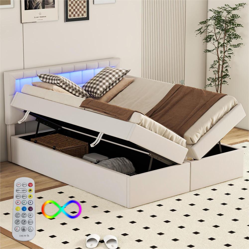 Merax 140*200cm Polsterbett, Flaches Bett, ferngesteuertes Ambientelicht am Kopfende des Bettes, großer Stauraum, Beige Bild 1
