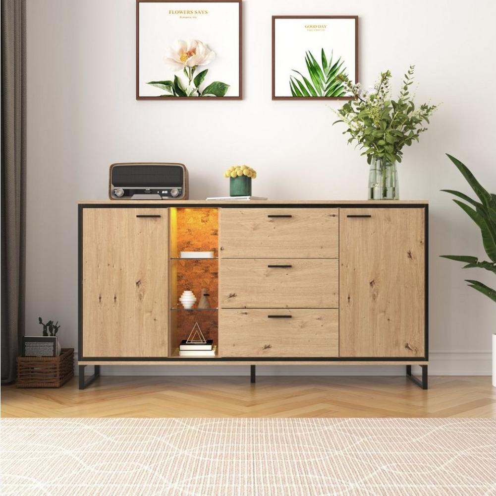 Merax Sideboard mit LED-Beleuchtung und Glasablagen, Kommode Holz mit großem Stauraum und verstellbare Einlegeböden Bild 1