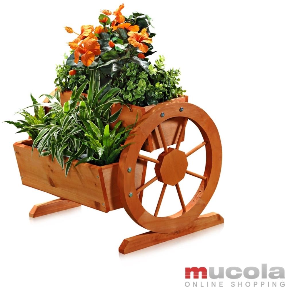Pflanzkübel mit Wagenräder aus Holz Garten Dekoration Blumentrog Holzkasten Bild 1