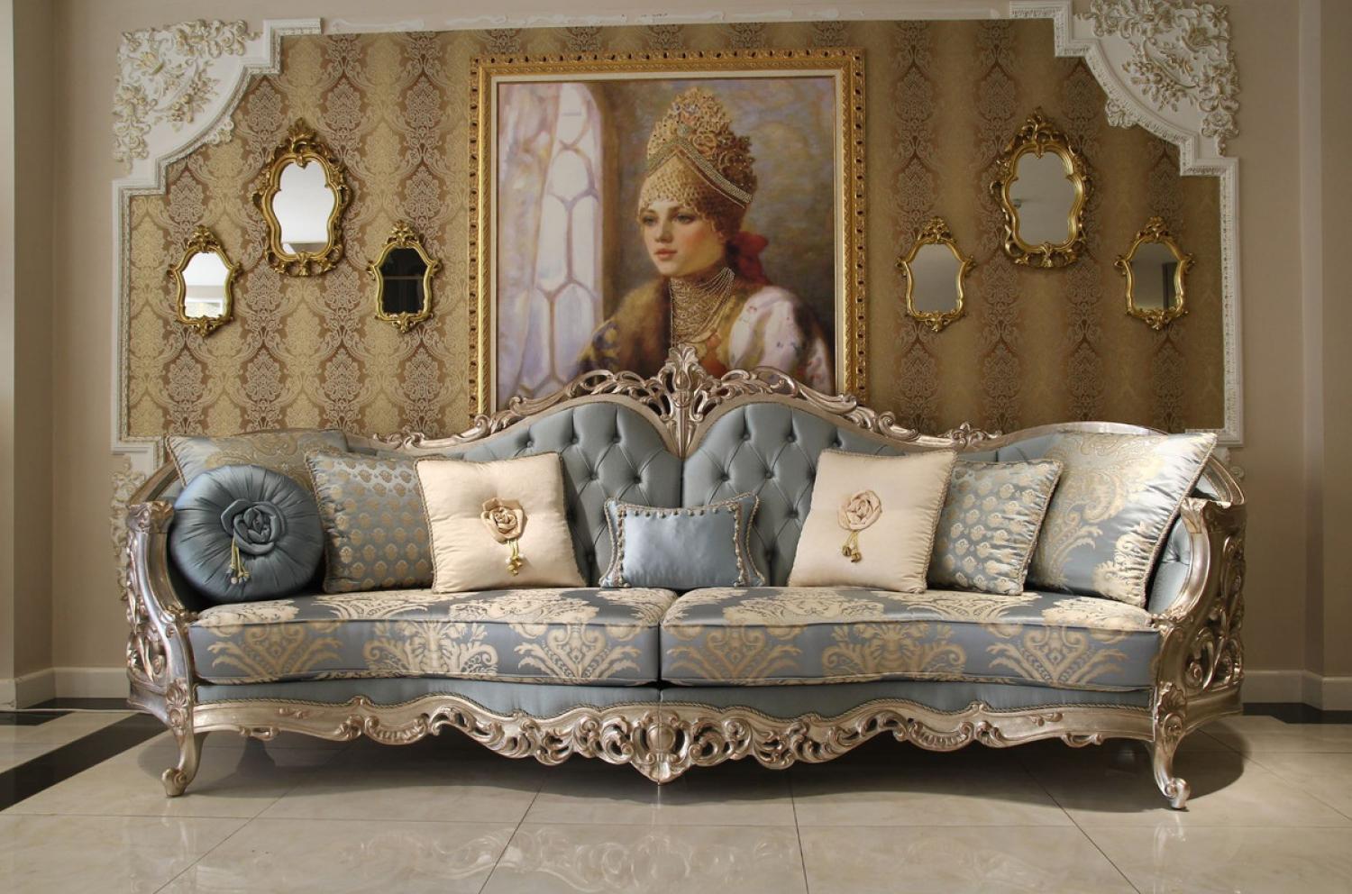 Casa Padrino Luxus Barock Wohnzimmer Sofa Hellblau / Beige / Silber 295 x 95 x H. 115 cm Bild 1