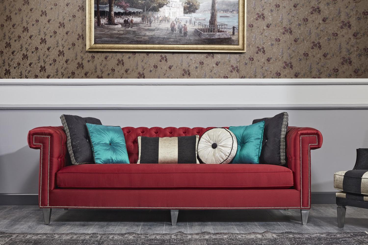 Casa Padrino Luxus Barock Chesterfield Sofa Rot / Silber 249 x 102 x H. 81 cm Bild 1