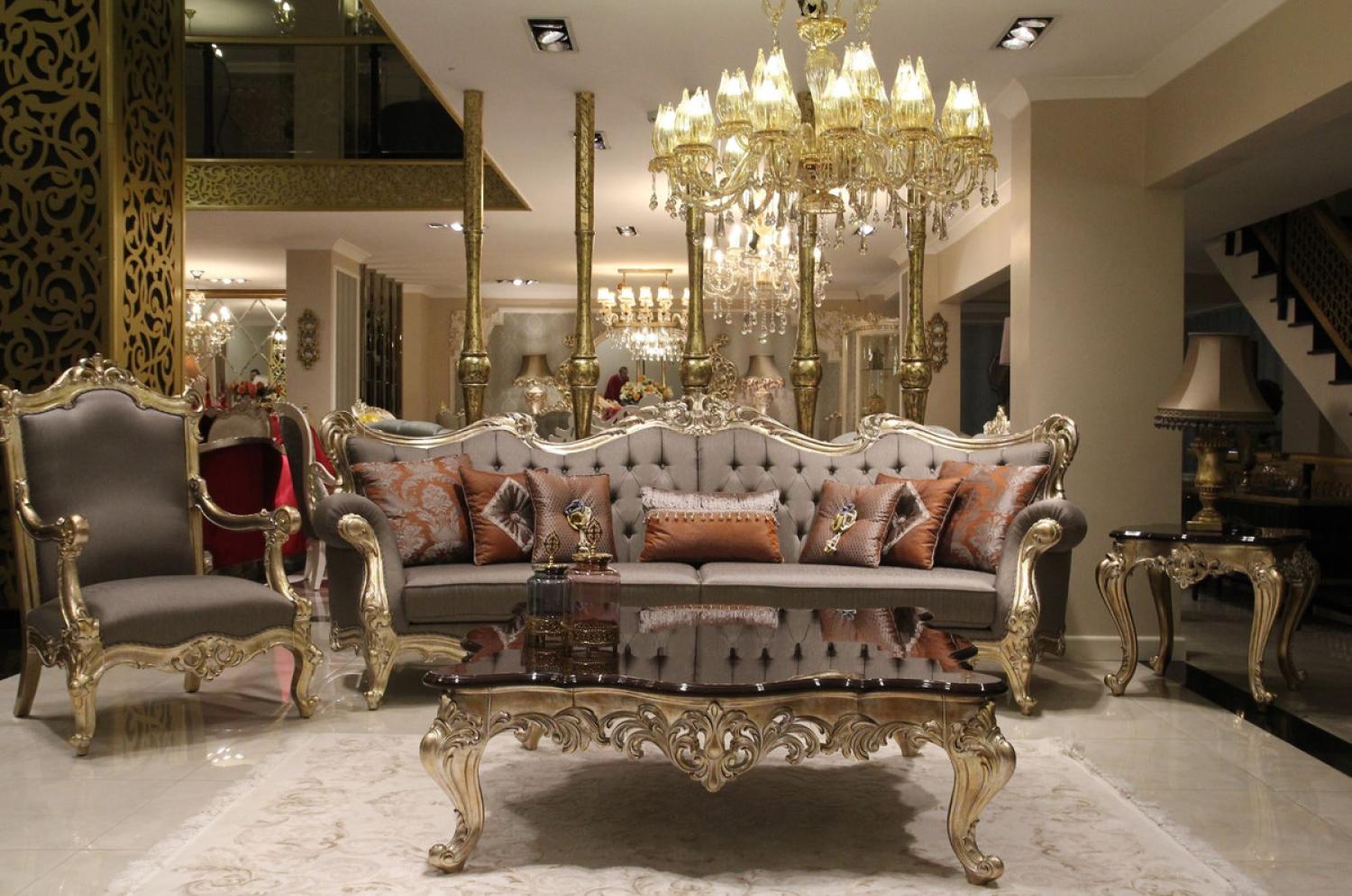 Casa Padrino Luxus Barock Wohnzimmer Set Grau / Dunkelbraun / Gold - 2 Sofas & 2 Sessel & 1 Couchtisch & 2 Beistelltische - Wohnzimmer Möbel im Barockstil - Edel & Prunkvoll Bild 1