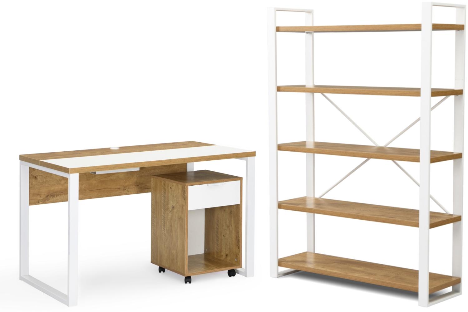 B&D home Büromöbel Komplettset | 3-teiliges Set mit Schreibtisch Rollcontainer Regal für Jugendzimmer, Büro | modern | Wildeiche Optik, 120cm Bild 1