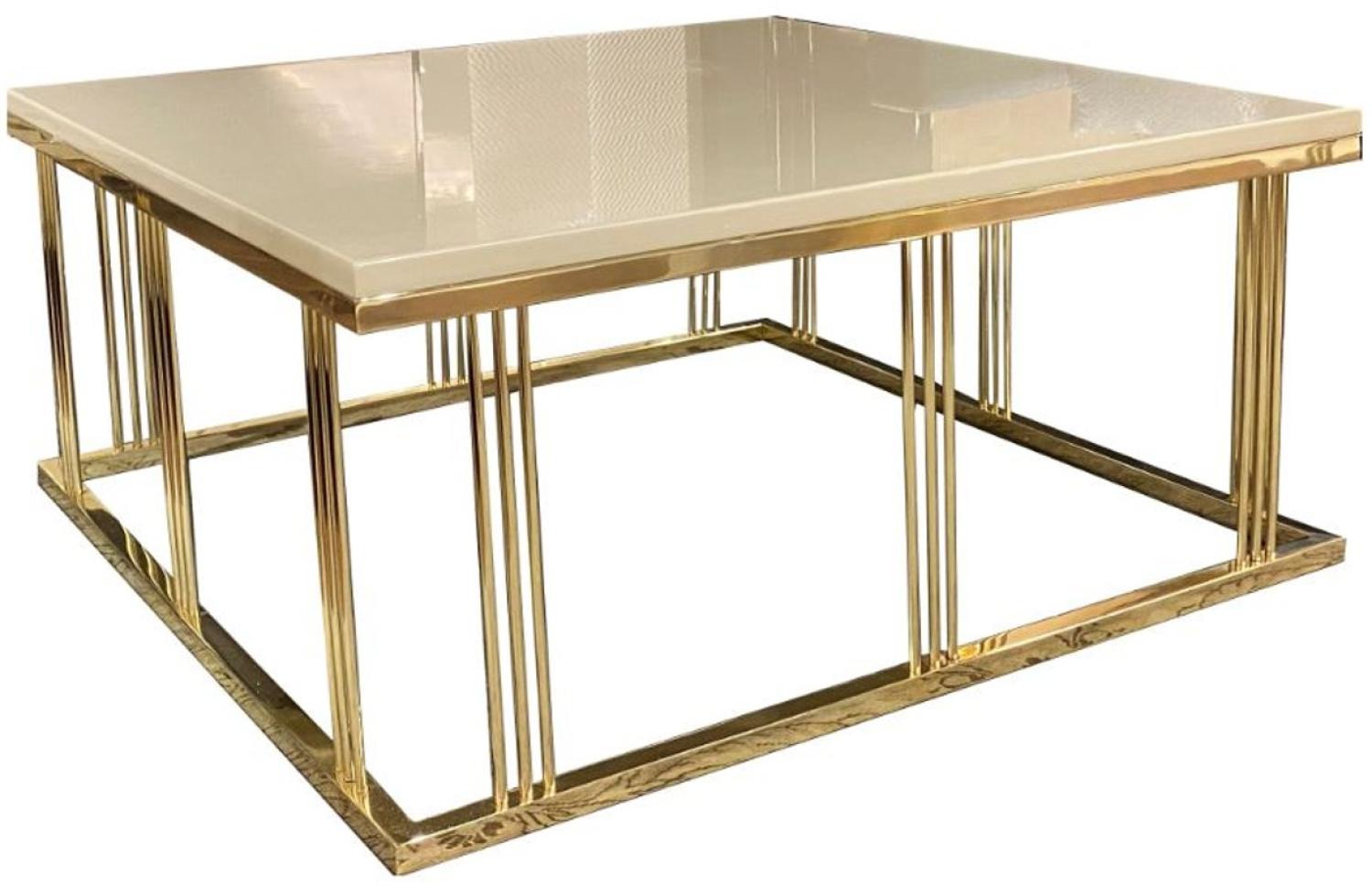 Casa Padrino Luxus Couchtisch Creme / Gold 100 x 100 x H. 45 cm - Quadratischer Wohnzimmertisch mit Glasplatte - Wohnzimmer Möbel Bild 1