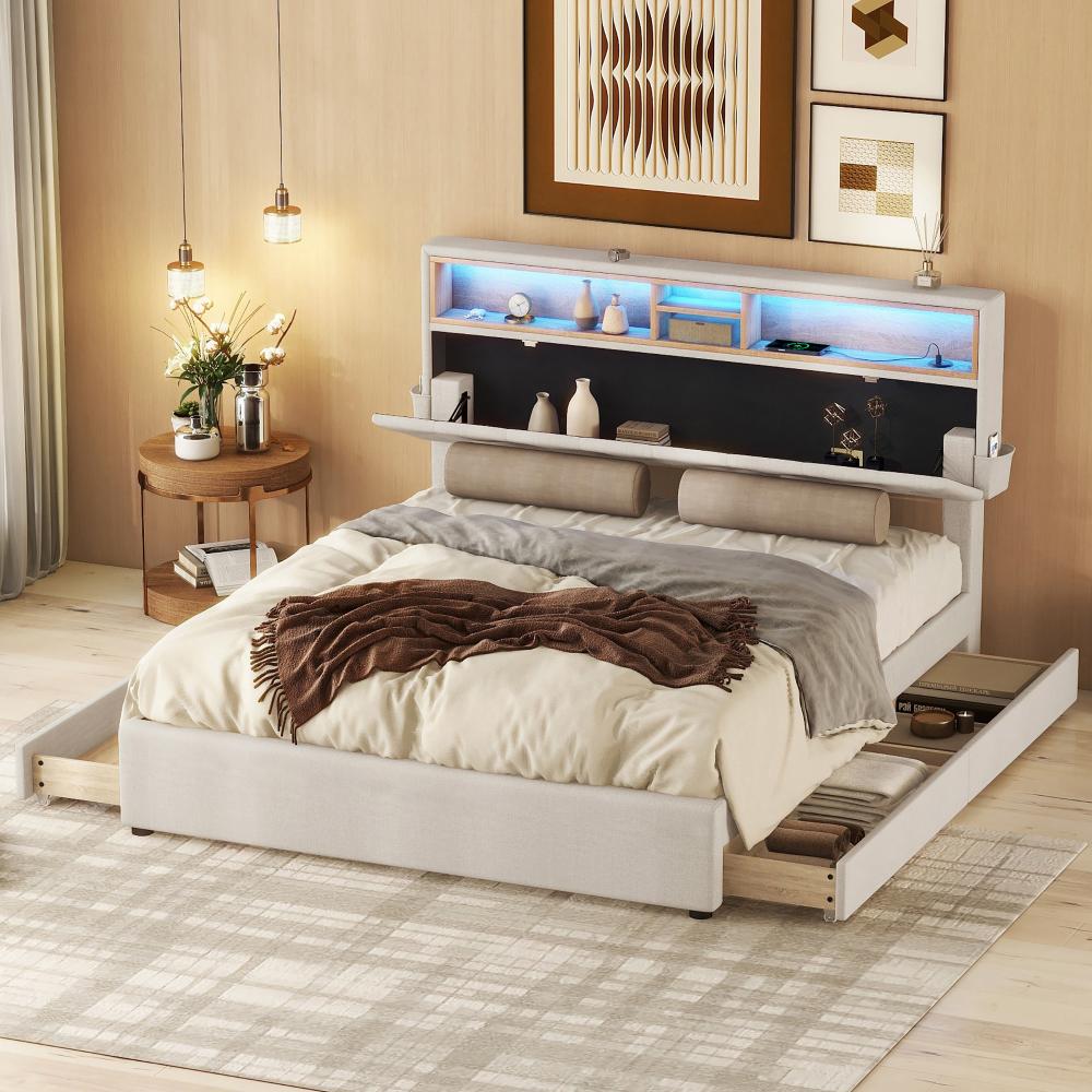 Merax Doppelbett, Polsterbett, Bett mit USB-Aufladung und LED-Beleuchtung, Funktionsbett mit vier Schubladen, Beige, 140 x 200 cm Bild 1