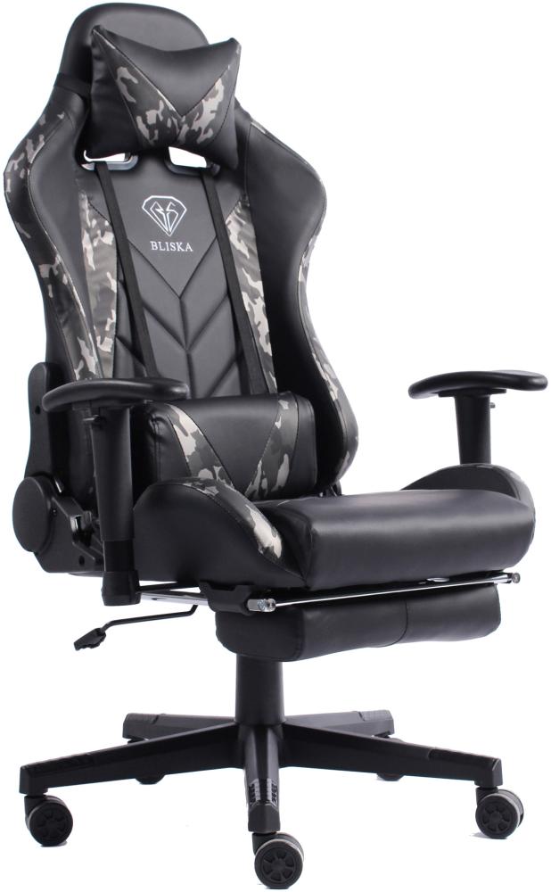 Gaming Stuhl mit Fußstütze und ergonomsichen 4D-Armlehnen gaming chair in ergonomischer Sportsitz Optik Gamer Stuhl mit verstellbaren Rückenstützkissen Bürostuhl Schwarz/Military -Grau Bild 1