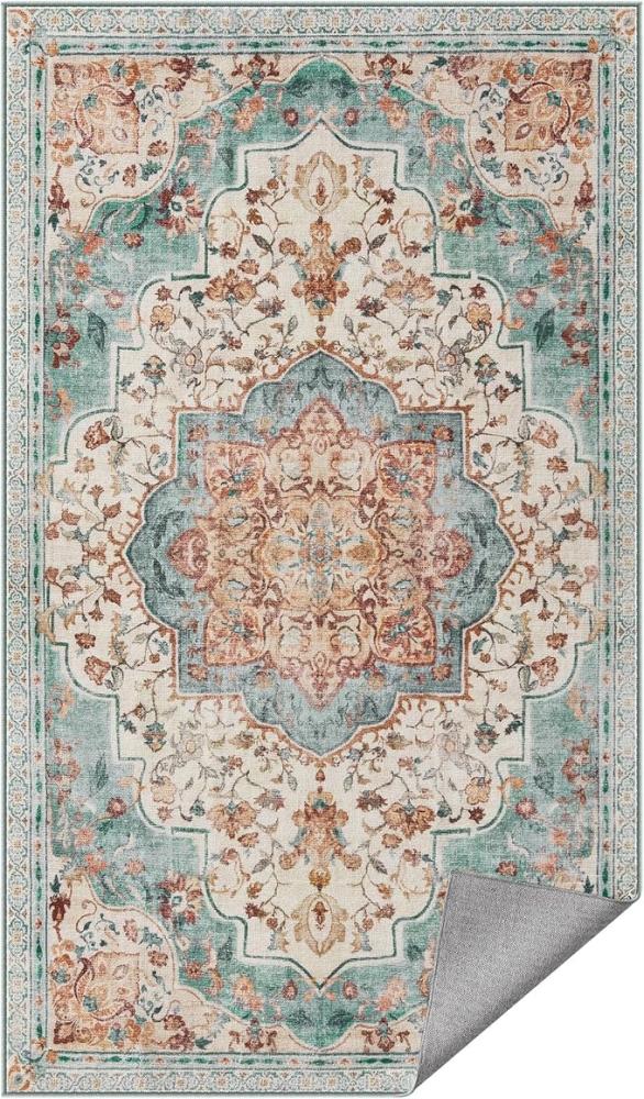 SONGMICS HOME Teppich, 92 x 153 cm, Wohnzimmerteppich, Rutschfester Teppich, traditioneller Vintage-Stil, für Wohnzimmer, Küche, Flur, Esszimmer, maschinenwaschbar, aquamarinblau Bild 1