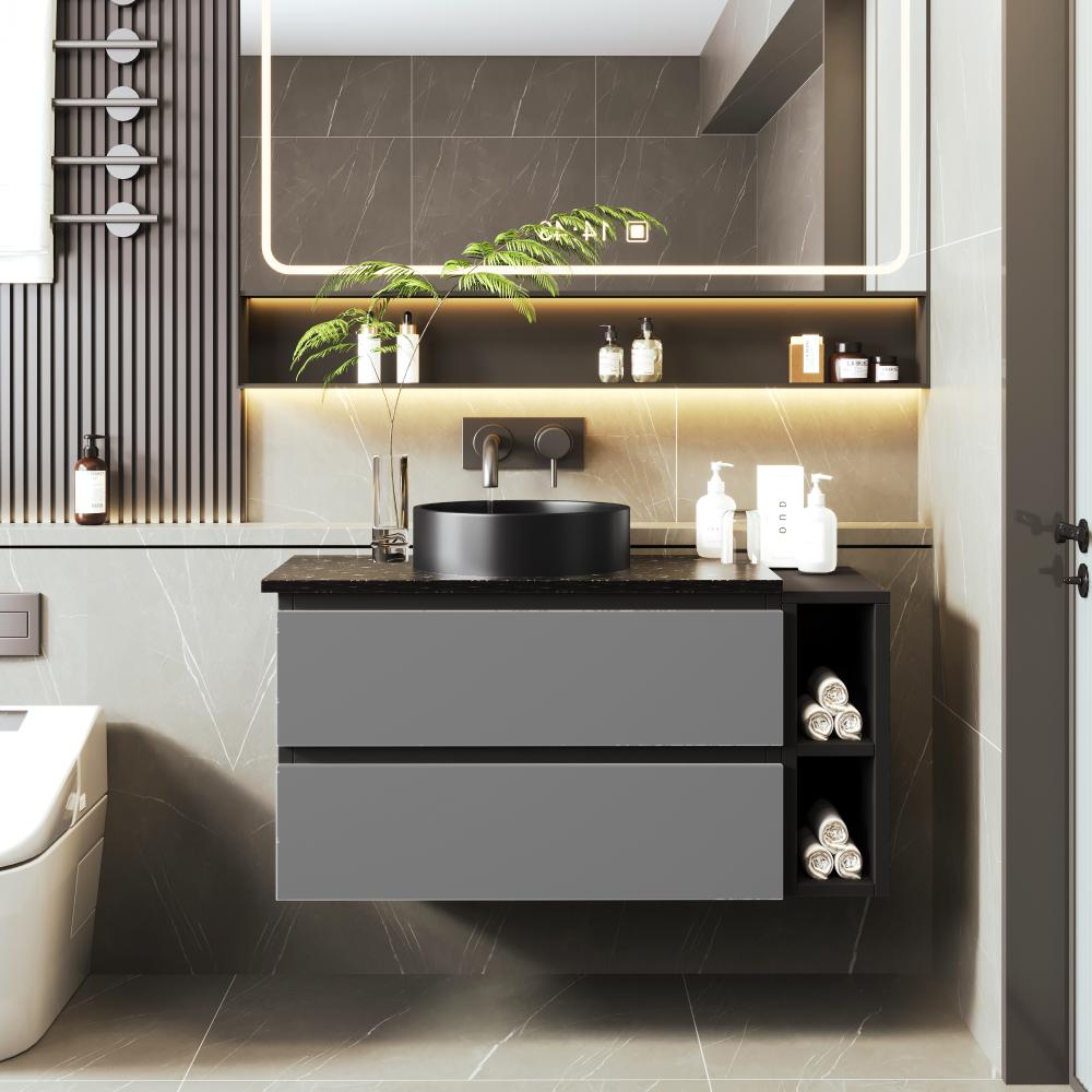 Merax Waschbeckenunterschrank hängend 80cm breit,mit Keramikwaschbecken, mit Schubladen,modernes Design ,schwarz-graue Bild 1