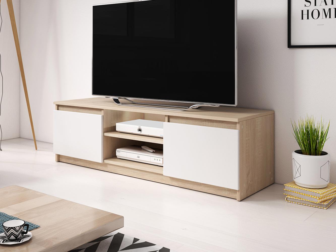TV-Lowboard Mimires, mit weißer LED Beleuchtung, Farbe: Sonoma / Sonoma + Weiß Bild 1