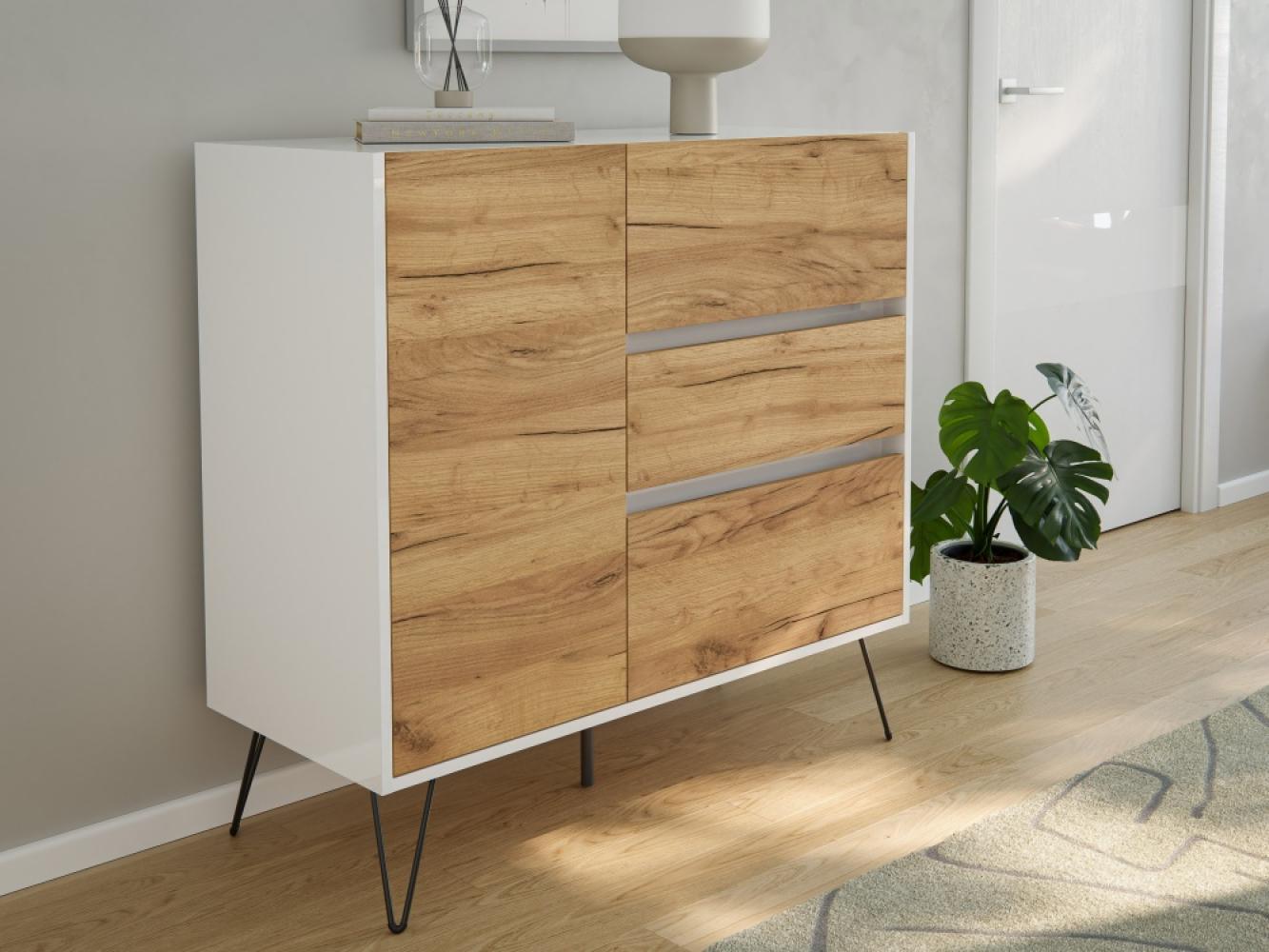 Sideboard Kommode Altan 100cm Greifraum 3 SoftClose 1 Tür Weiß/Eiche Front : Oak Gold / Weiss hochglanz Bild 1