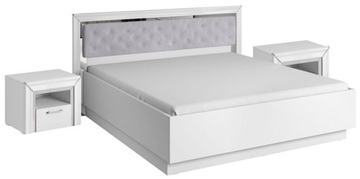 Doppelbett Bett Ahlen weiß Hochglanz Silber Spiegelfolie Ausführung wählbar mit Nachtkonsolen Bild 1