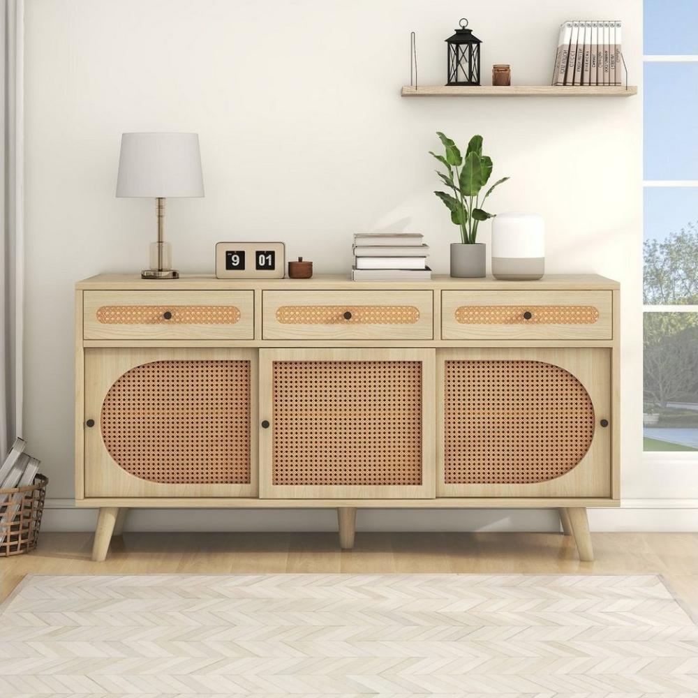 Merax Sideboard Landhausstil mit Schublade und 6 Fächer, Kommode mit Rattangeflecht, Anrichte, TV-Board, B:140cm Bild 1