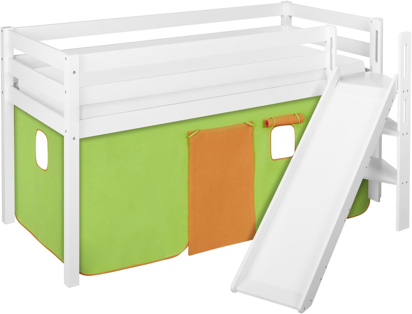 Lilokids 'Jelle' Spielbett 90 x 190 cm, Grün Orange, Kiefer massiv, mit schräger Rutsche und Vorhang Bild 1