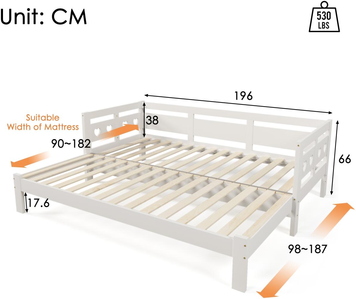 Merax Daybett Tagesbett ,Ausziehbar Bett,90*190cm,Kiefer massiv, mit 2. Schlafgelegenheit und Rollrost Herzform Bett Weiß Bild 1