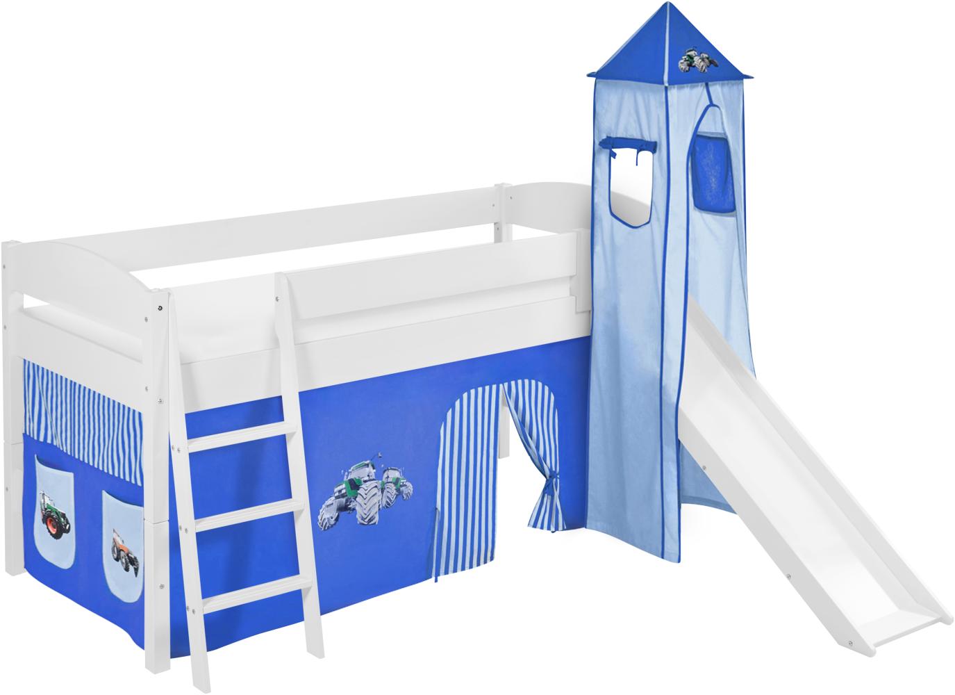 Lilokids 'Ida 4105' Spielbett 90 x 200 cm, Trecker Blau, Kiefer massiv, mit Turm, Rutsche und Vorhang Bild 1