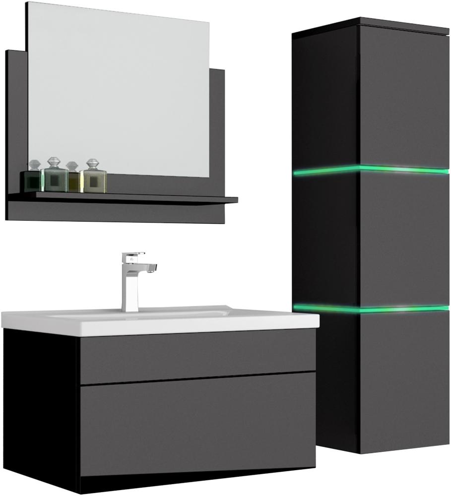 4 teiliges Waschplatz Badmöbel Komplettset inkl. LED Beleuchtung hochglanz Schwarz Bild 1