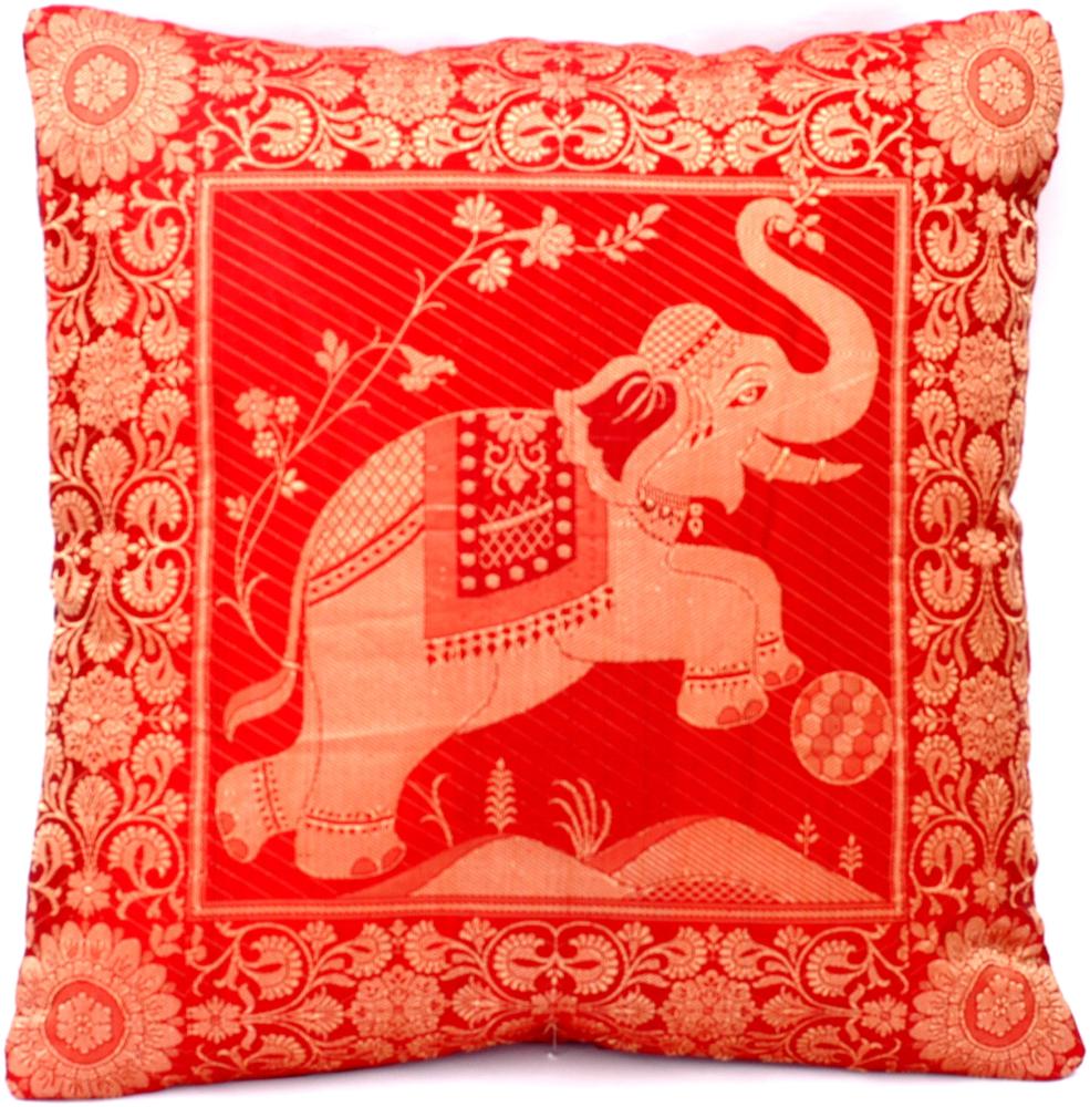 Handgewebter indischer Banarasi Seide Deko-Kissenbezug mit Extravaganten Elefant Design in Rot - 40 cm x 40 cm Bild 1