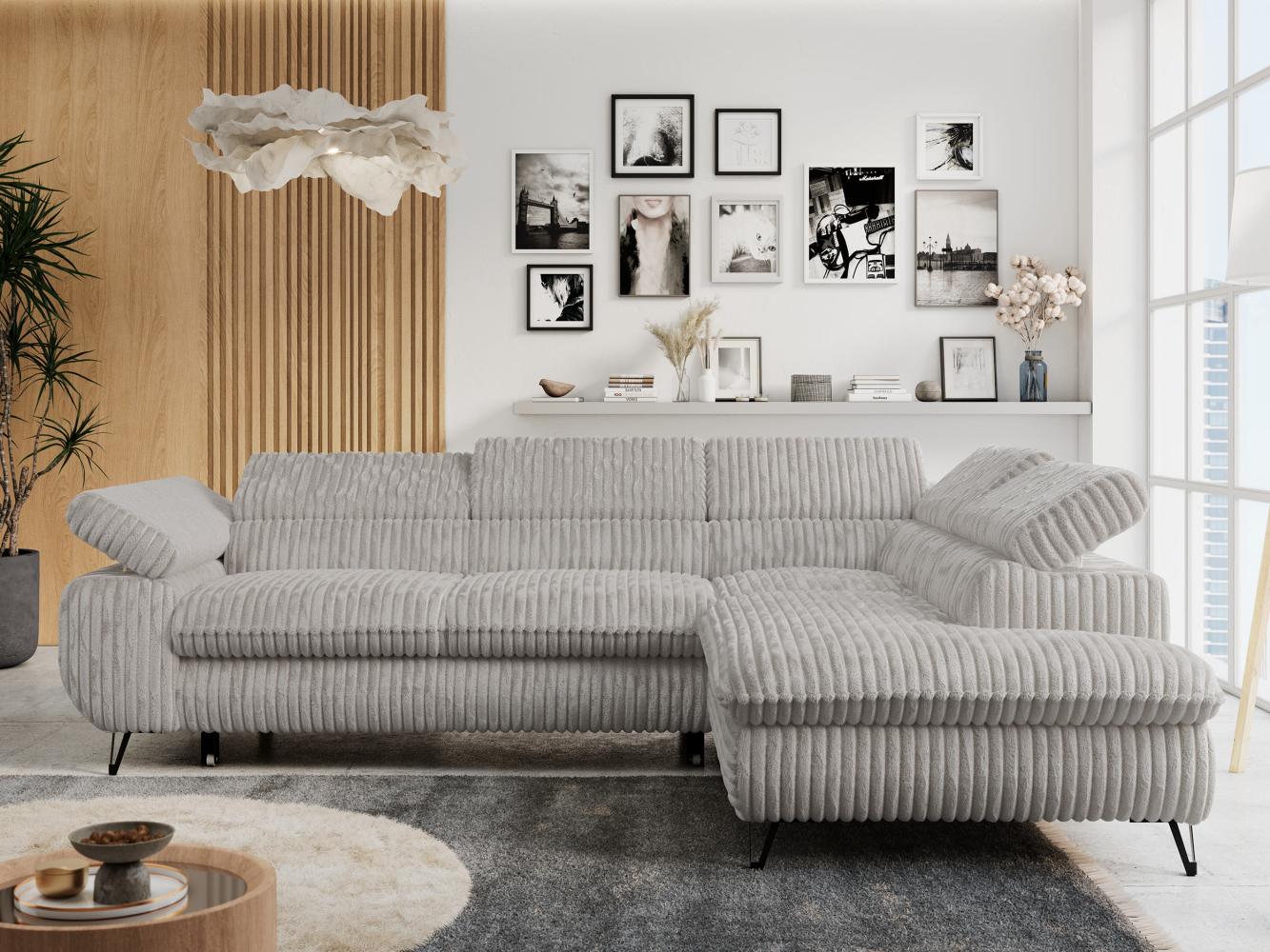 Ecksofa mit Bettfunktion, Modern Sofa, L-form, Einstellbare Kopfstützen, Bettkasten - PETER - Hellgrau Cord - rechts Bild 1