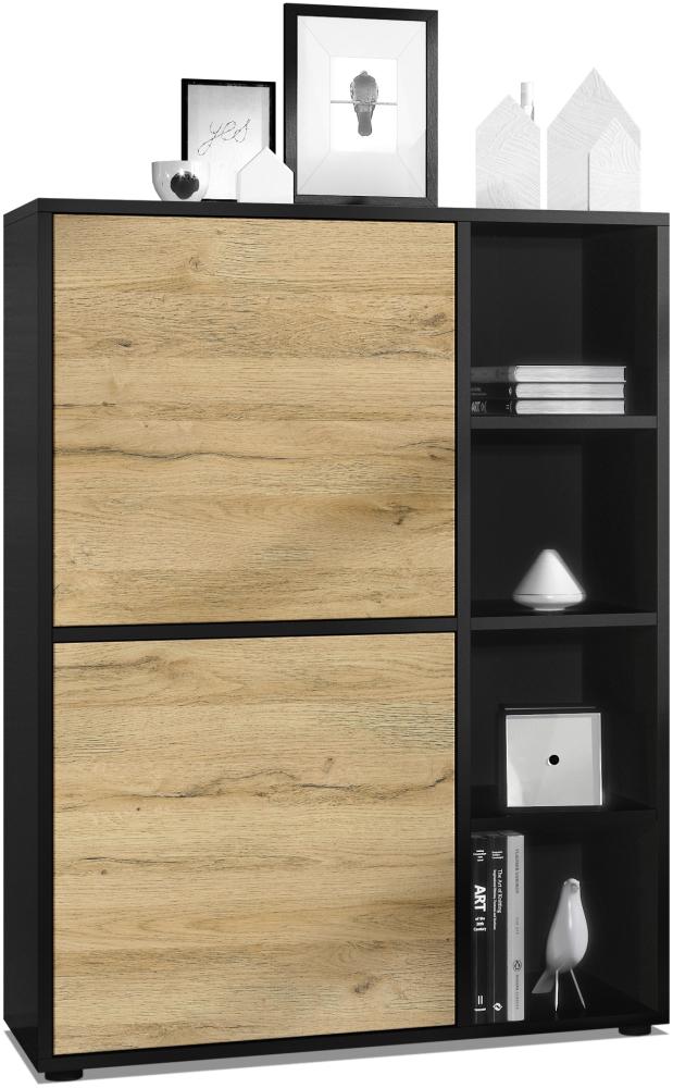 Highboard Schrank Anrichte Cuba mit 8 Fächern, Korpus in Schwarz matt / Fronten in Eiche Natur Bild 1