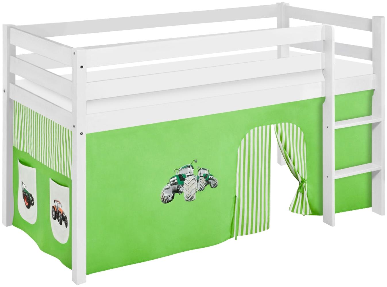 Lilokids 'Jelle' Spielbett 90 x 190 cm, Trecker Grün Beige, Kiefer massiv, mit Vorhang Bild 1