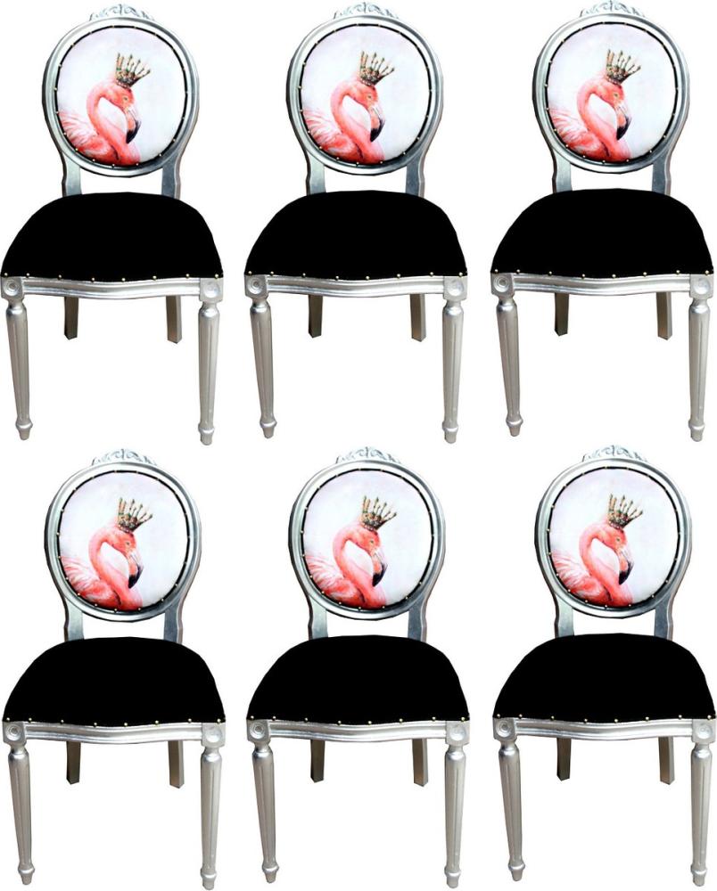 Casa Padrino Luxus Barock Esszimmer Set Flamingo mit Krone Schwarz / Mehrfarbig / Silber 48 x 50 x H. 98 cm - 6 handgefertigte Esszimmerstühle mit Bling Bling Glitzersteinen - Barock Esszimmermöbel Bild 1