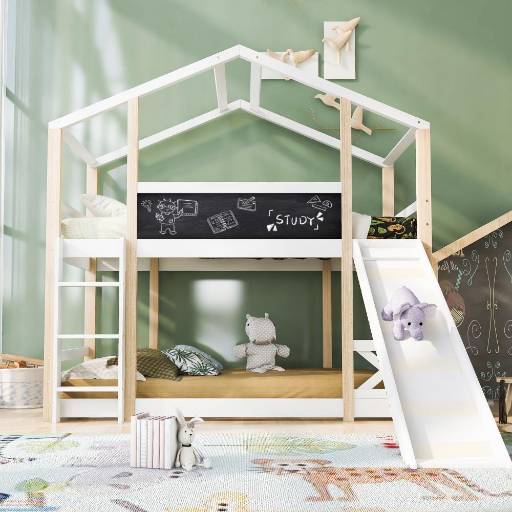Merax Kinderbett Baumhaus mit Rutsche & Leiter 90 x 200 cm, Hochbett für Kinder– 2x Lattenrost- Natur & Weiß Bild 1