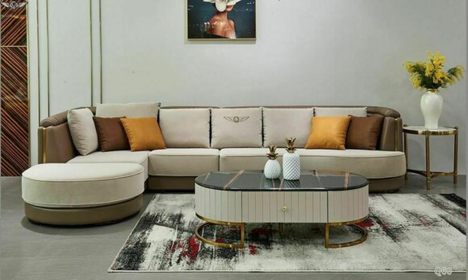 Ecksofa L Form Couchtisch Sofa Couch Design Polster Textil Modern Beige Bild 1