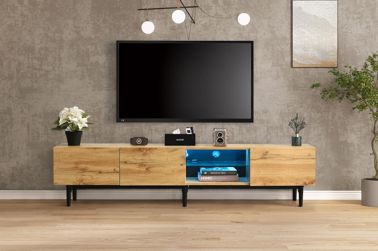 Merax Lowboard mit LED-Beleuchtung, Wildeiche TV-Schrank, mit Glasablage, TV-Board, TV- Ständer, mit 3 Türen und Schubladen, B:175cm Bild 1
