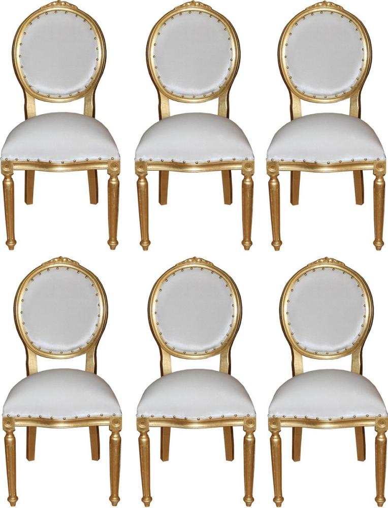 Casa Padrino Luxus Barock Esszimmer Set Medaillon Weiß / Gold 50 x 52 x H. 99 cm - 6 handgefertigte Esszimmerstühle - Barock Esszimmermöbel Bild 1