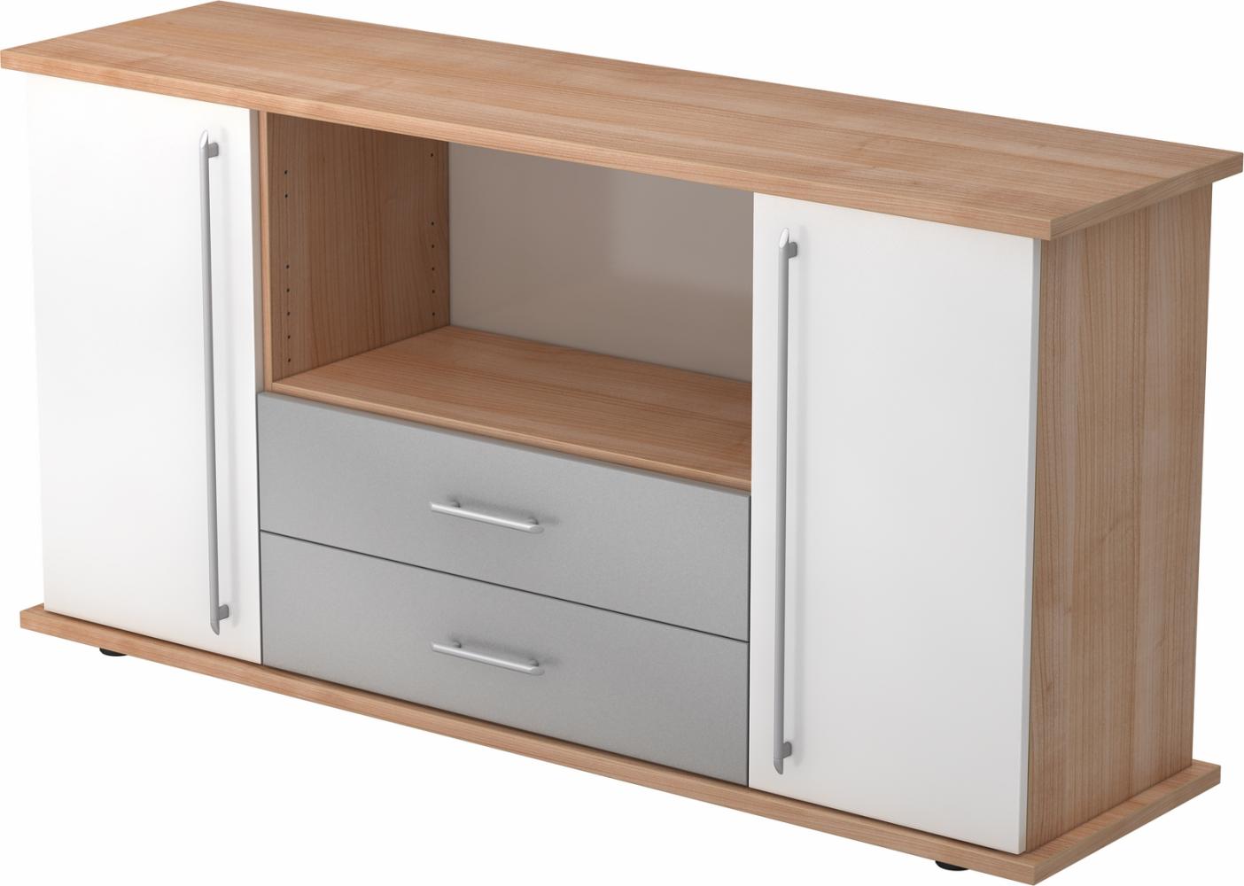 bümö® Sideboard mit Türen, Schubladen und Relinggriffen in Nussbaum/Weiß Bild 1