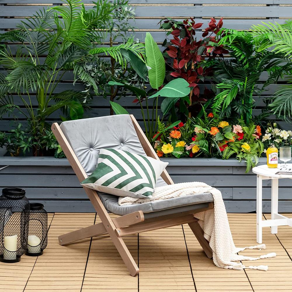 COSTWAY Gartenliege aus Holz, Liegestuhl mit Kissen, Relaxliege klappbar, Strandstuhl grau Bild 1