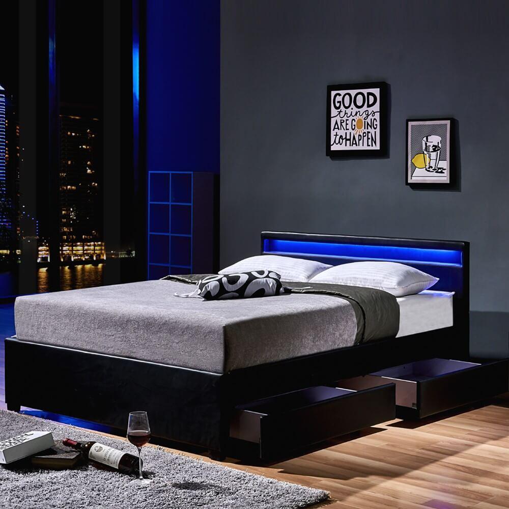 Home Deluxe Polsterbett 'Nube' mit LED-Beleuchtung und Schubladen mit Lattenrost Schwarz 180 x 200 cm Bild 1