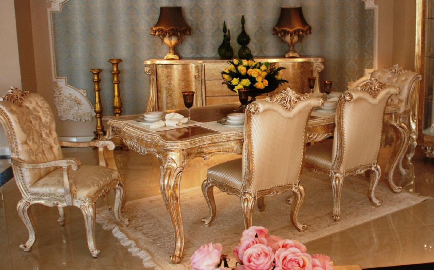 Casa Padrino Luxus Barock Esszimmer Set Gold / Antik Gold - 1 Esszimmertisch & 6 Esszimmerstühle - Prunkvolle Barock Esszimmer Möbel Bild 1
