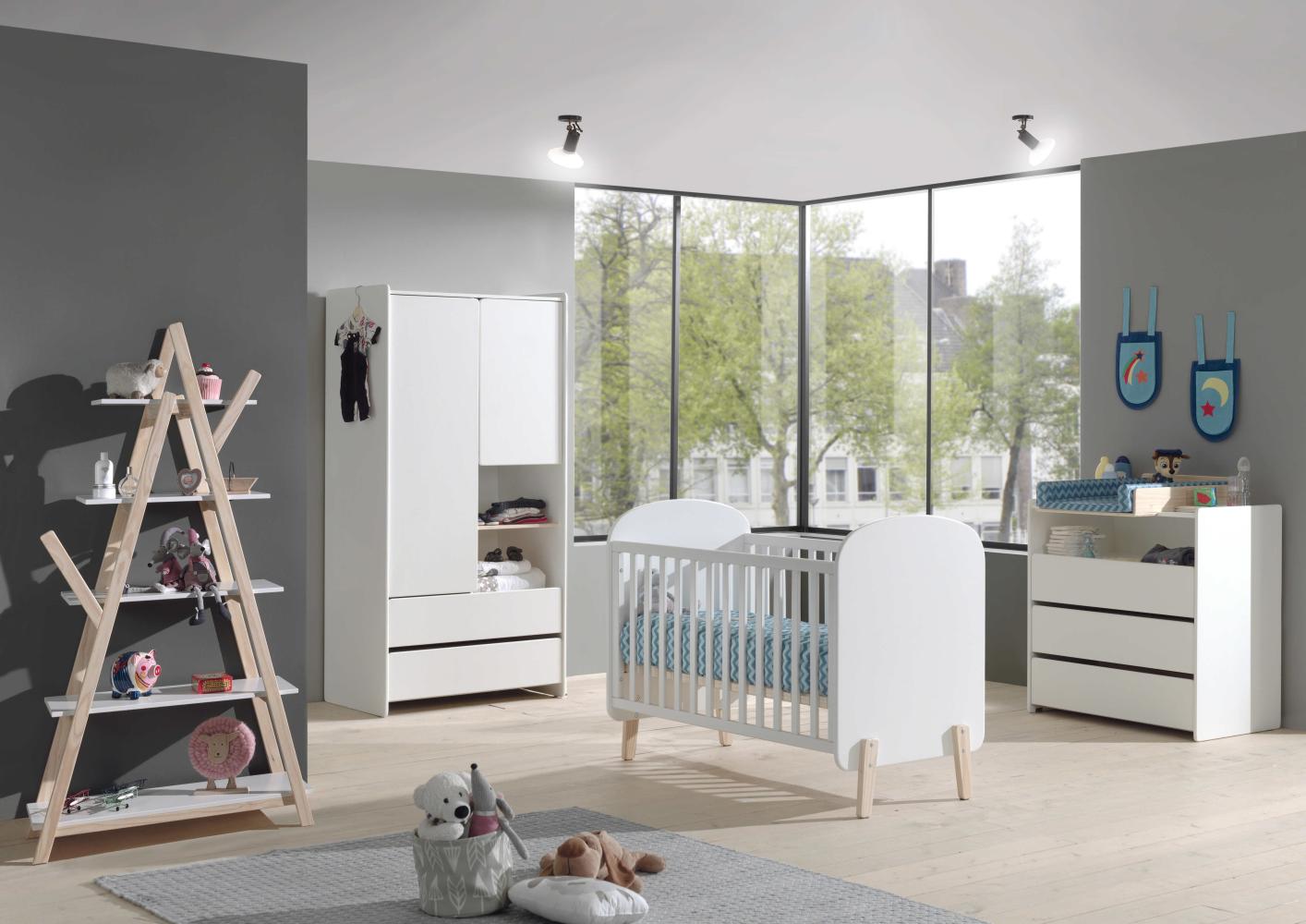 Babyzimmer Set Kiddy best. aus: Babybett 60 x 120 cm, Kommode, Wickelaufsatz, Regal und Kleiderschrank 2-trg., Ausf. MDF weiß lackiert Bild 1