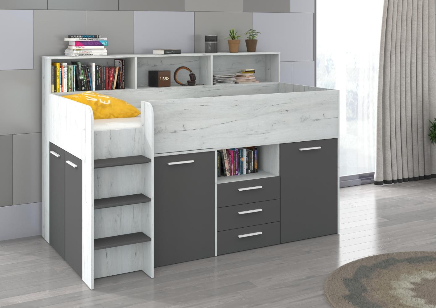 Domando Hochbett Talamone Modern Breite 206cm, mit integrierten Schränken, Schreibtisch und Regal in Eiche Weiß und Graphit Bild 1