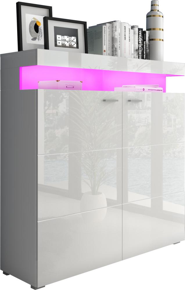 Domando Highboard Mondello Modern für Wohnzimmer Breite 120cm, Chromgriffe, Hochglanz, RGB LED Beleuchtung mit wechselbarer Farbe in Weiß Matt und Weiß Hochglanz Bild 1