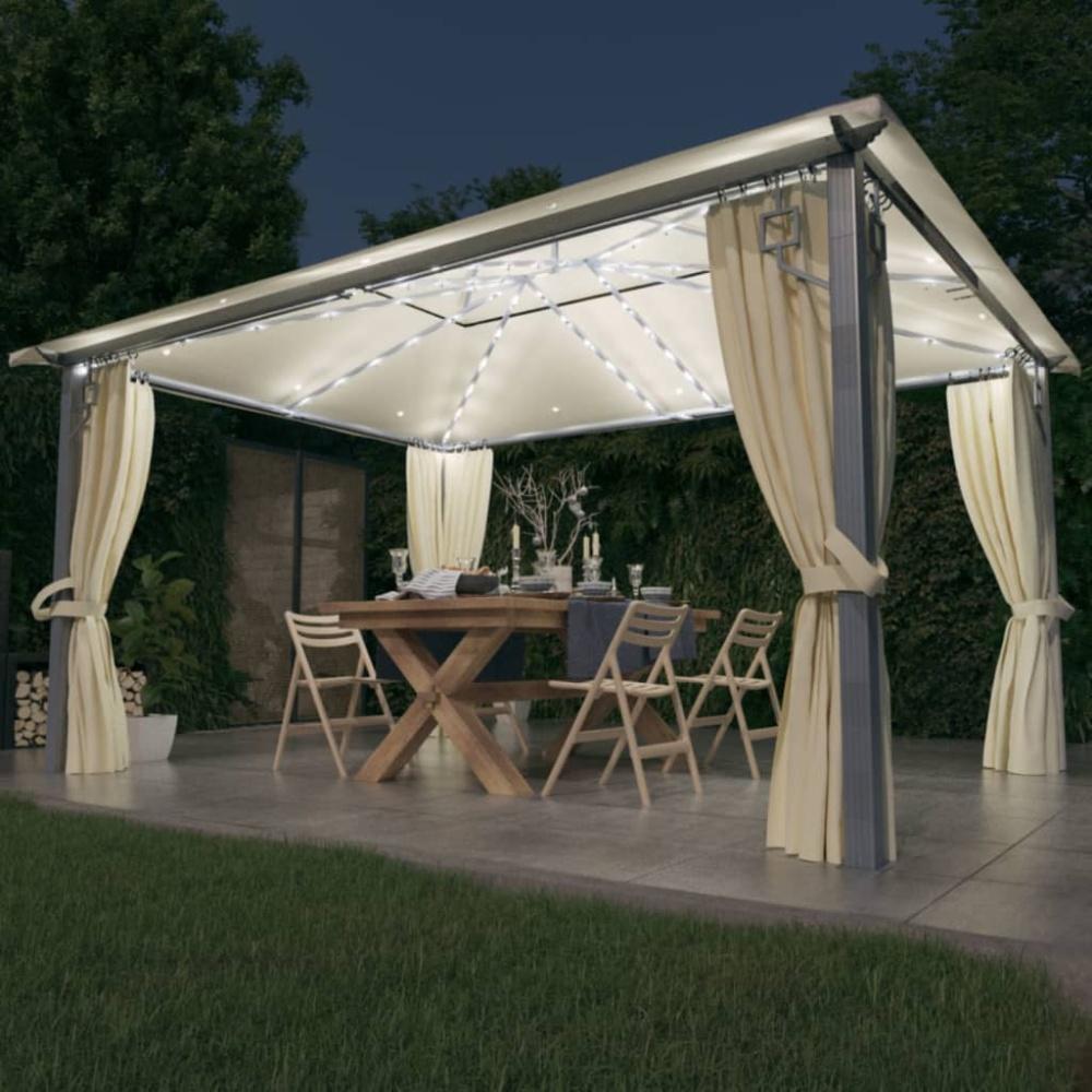 Pavillon mit Vorhängen & LED-Lichterkette 400x300 cm Creme Alu Bild 1
