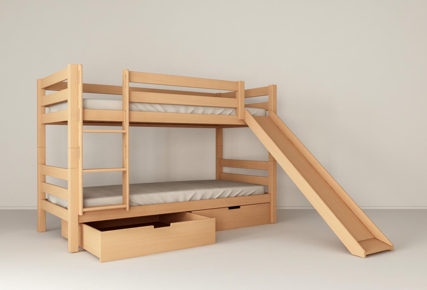 Etagenbett Kinderbett MARK 200x90 cm mit Rutsche und 2 Bettkästen Buchenholz massiv Natur Bild 1