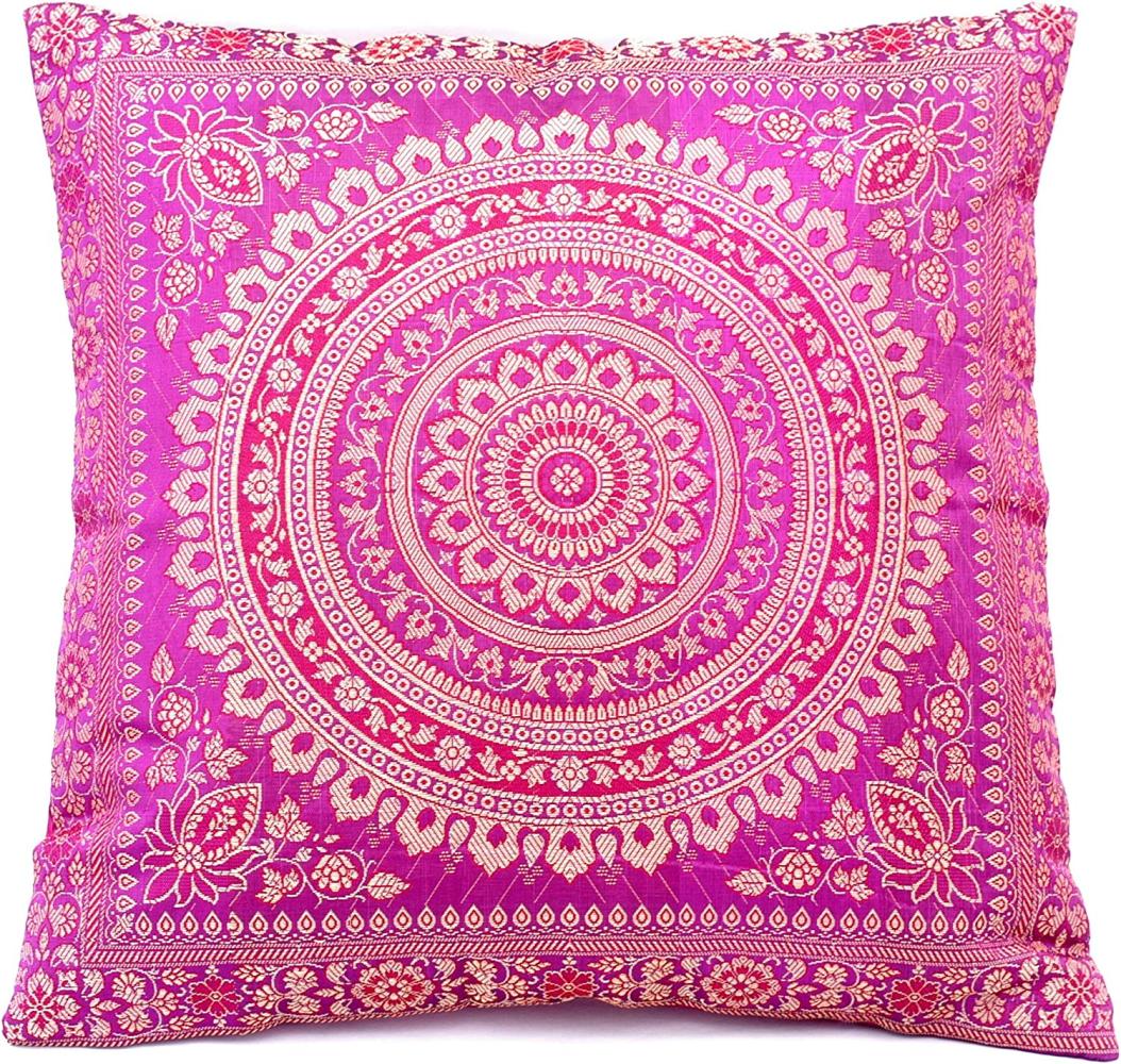 Handgewebt und Handgefertigt Indische Banarasi Seide Kissenbezug, Dekokissen - Mandala Muster mit unsichtbarer Reißverschluss - 40 x 40 cm | 16 x 16 Zoll, Rosa Bild 1