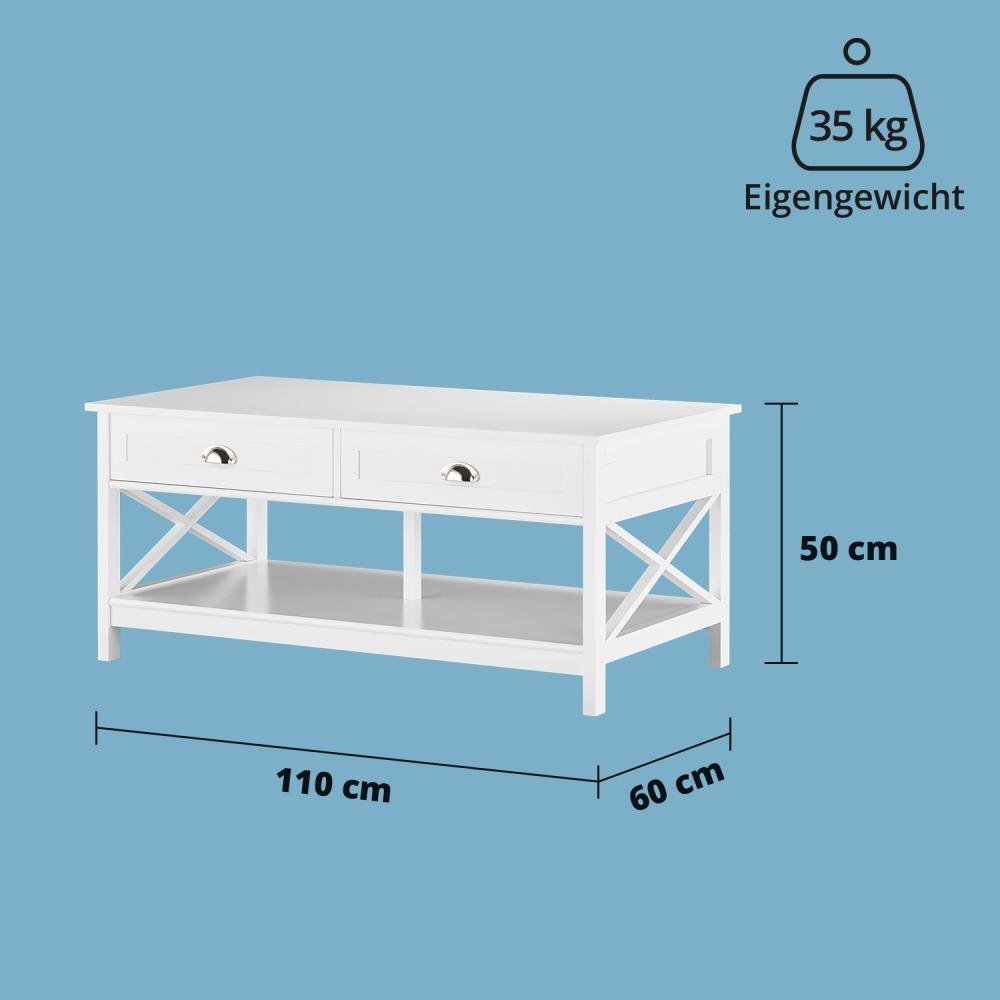 KHG Couchtisch Holz Weiß, Wohnzimmertisch rechteckig, Sofatisch mit Stauraum, 2 Schubladen, silberne Muschelgriffe, offene Ablage, dekorative X-Streben, 4 Füße, maritimer Landhausstil 110x60x50 cm Bild 1