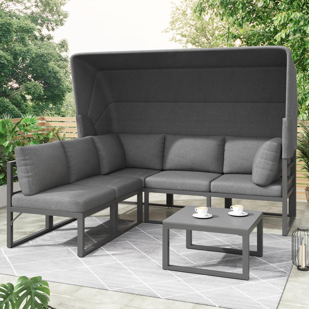 Merax Garten-Loungesessel-Set, Sonneninsel-Sitzgruppe aus Eisen, mit Markise, Lounge-Möbel für Balkon und Garten, Terrassenmöbel, Grau Bild 1