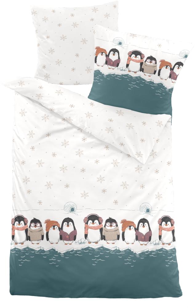 Dormisette Fein Biber Bettwäsche 155x220 Pinguine Iglu Eiskristalle petrol weiß 3610-40 Bild 1