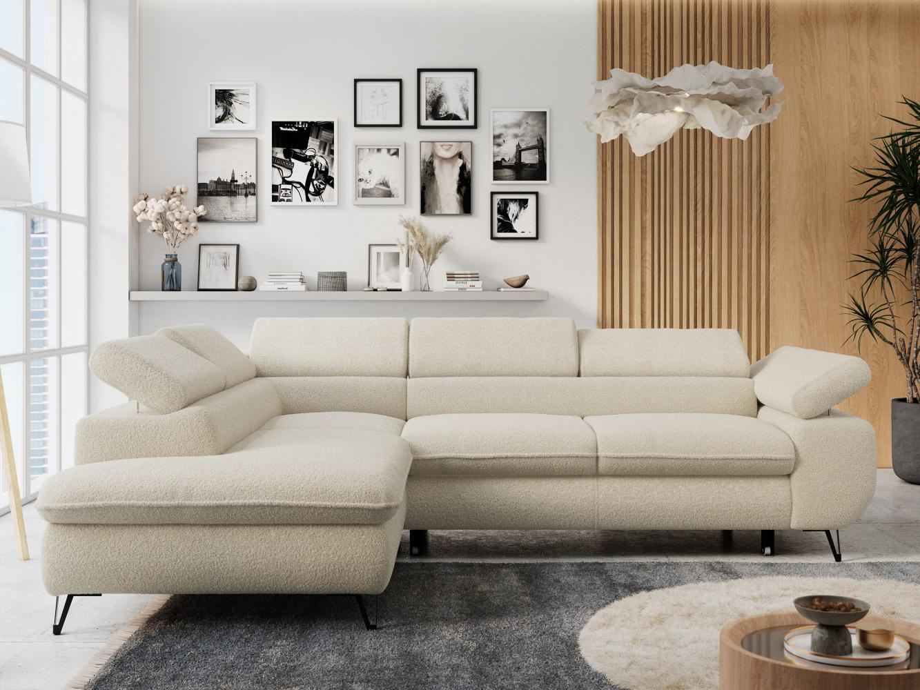 Ecksofa mit Bettfunktion, Modern Sofa, L-form, Einstellbare Kopfstützen, Bettkasten - PETER - Beige Boucle - links Bild 1