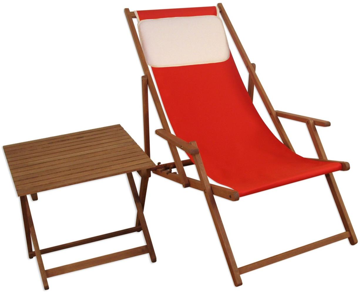 Liegestuhl Gartenliege rot Kissen Tisch Deckchair Buche Sonnenliege Sonnenstuhl 10-308 T KH Bild 1