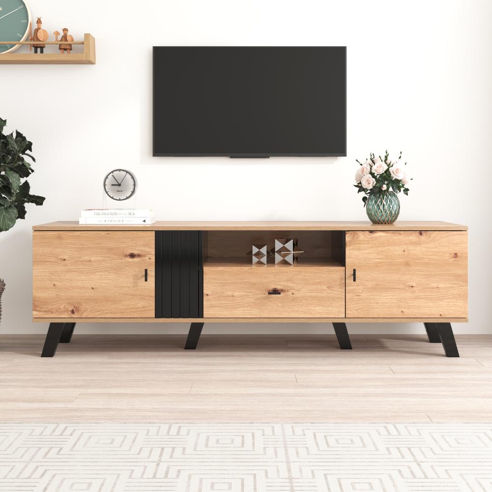 Merax 172cm TV-Schrank mit Holz- und Schwarzdesign,TV-Möbel, Lowboard mit Schubladen, Vielfältige Aufbewahrungsfunktionen Bild 1